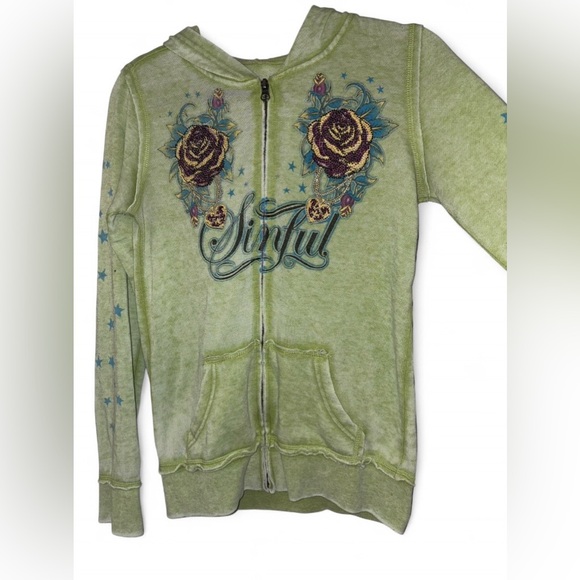 Affliction Jackets & Blazers - Affliction Sinful Y2K Lime Green Rhinestone Graphic Zip-Up Hoodie - Size Medium